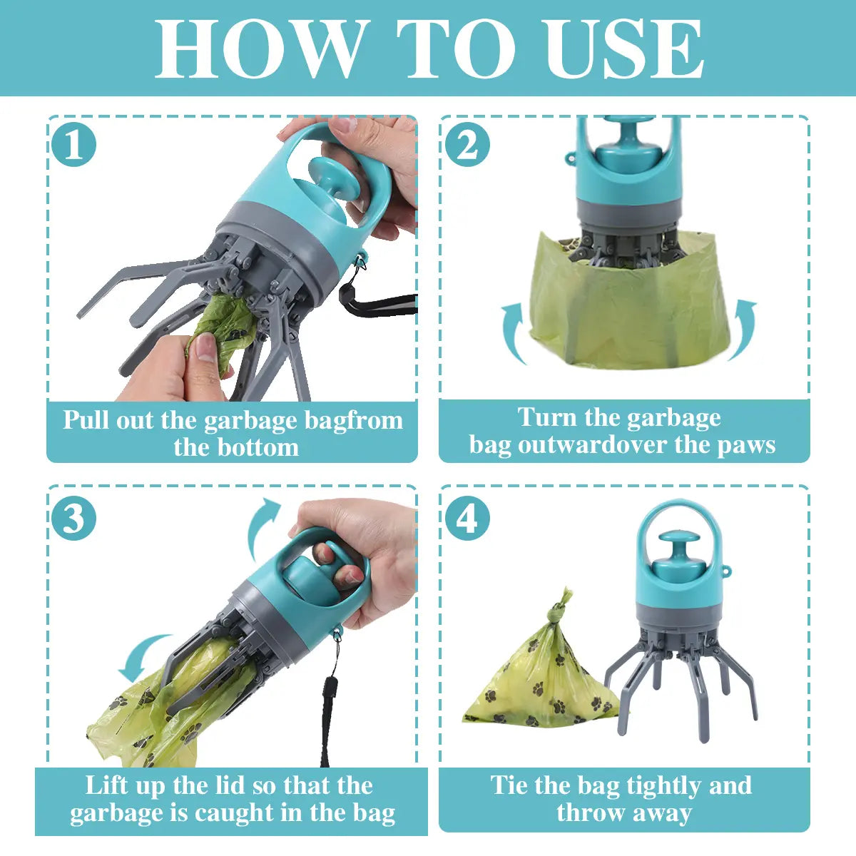 Dog Pooper Scooper - Portable No-Touch Outdoor Scooper with Teal Green Claw-Shaped Design, 15PCS Bag Attachment and Leak-Proof Waste Storage Container