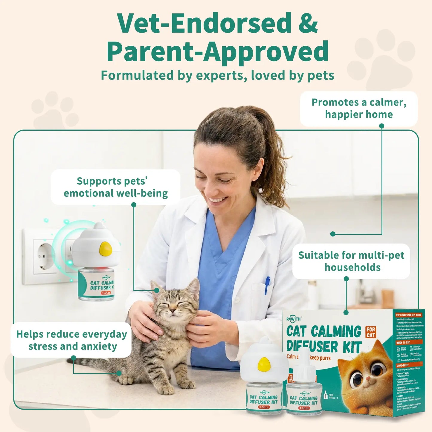 PAWITH 60-Day Cat Calming Diffuser - Cat Pheromone Diffuser for Stress, Pee Spraying, Cat Fighting, Aggression, Excessive Meowing & Scratching - 60-Day Refill Included